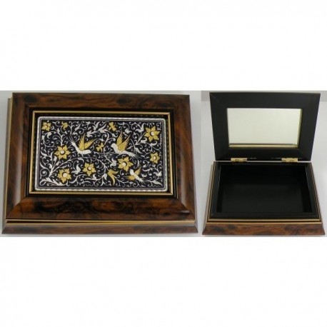 Damascene Gold and Silver Bird Wooden Jewelry Box