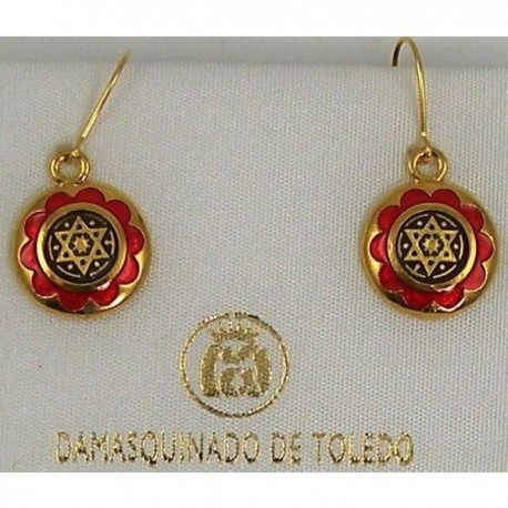 Damascene Gold and Red Enamel Star of David Earrings