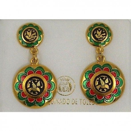 Damascene Gold with Red and Green Enamel Bird Earrings