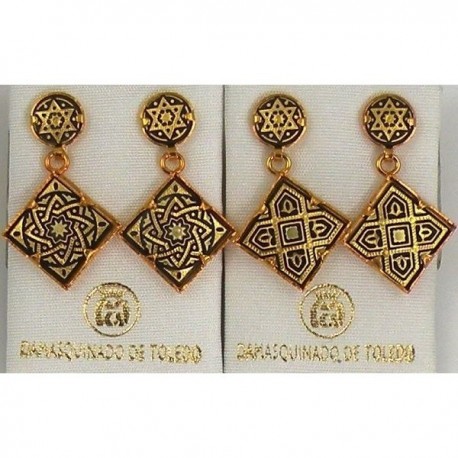 Damascene Gold Earrings Star of David Square