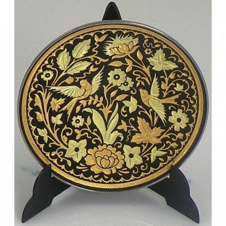 Damascene Gold Round Bird Decorative Plate