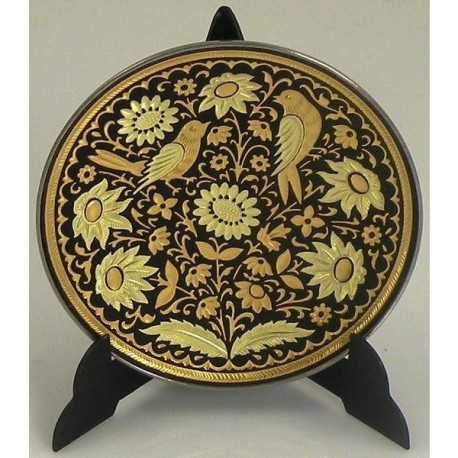 Damascene Gold Round Bird Decor Plate