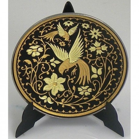Damascene Gold Round Decor Plate Bird Design