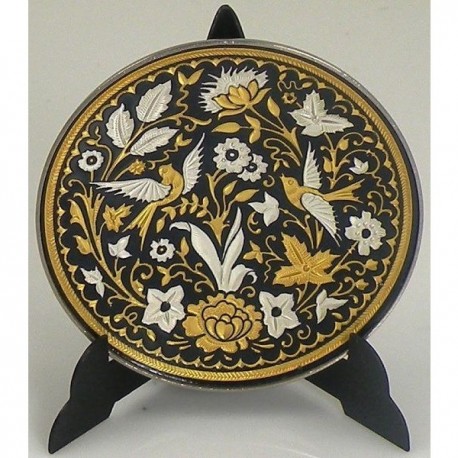 Damascene Gold and Silver Bird Round Decor Plate 1