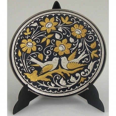 Damascene Silver and Gold Bird Round Decor Plate 4