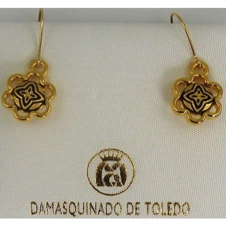 Damascene Gold Geometric Flower Drop Earrings