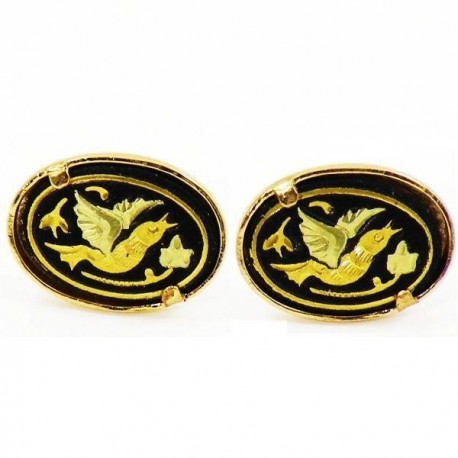Damascene Gold Oval Bird Earrings