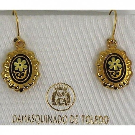Damascene Gold Flower Oval Drop Earrings