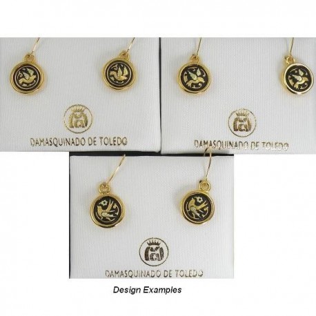 Damascene Gold Drop Earrings Bird 12mm Round