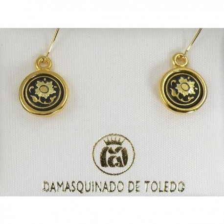 Damascene Gold Drop Earrings Flower 12mm Round