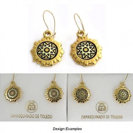 Damascene Gold Drop Earrings Star 14mm Round