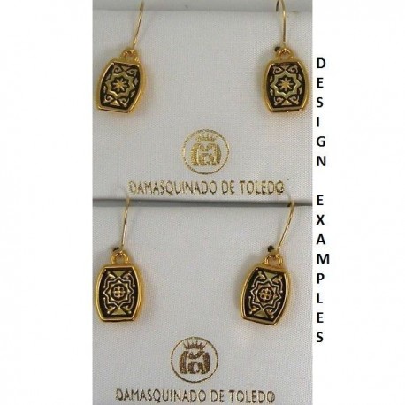 Damascene Gold Geometric Rectangle Drop Earrings