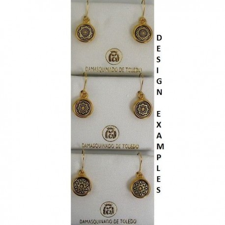 Damascene Gold Drop Earrings Star 12mm Round