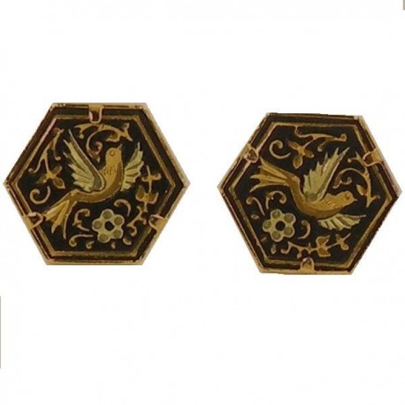 Damascene Gold Hexagon Bird Earrings 15x14mm