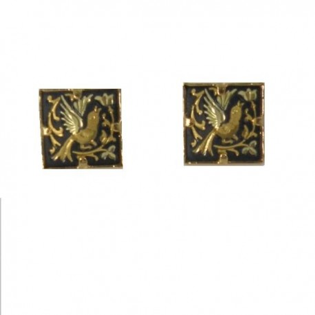 Damascene Gold Bird Earrings 12mm Square