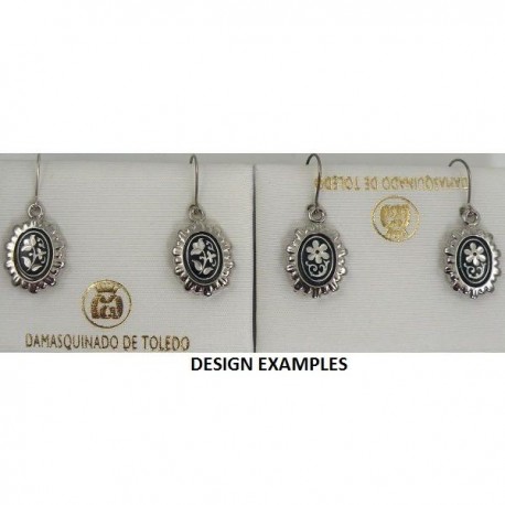 Damascene Silver Flower Oval Drop Earrings
