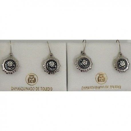 Damascene Silver Drop Earrings Flower 14mm Round
