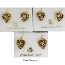 Damascene Gold Drop Earrings Bird 17mm Heart