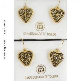 Damascene Gold Drop Earrings Geometric 17mm Heart