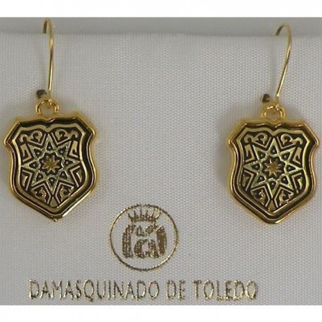 Damascene Gold Star Shield Drop Earrings