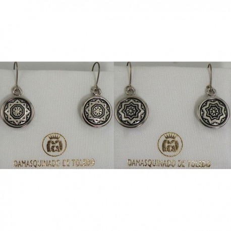 Damascene Silver Star Round Drop Earrings