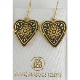 Damascene Gold Drop Earrings Star 14x14mm Heart