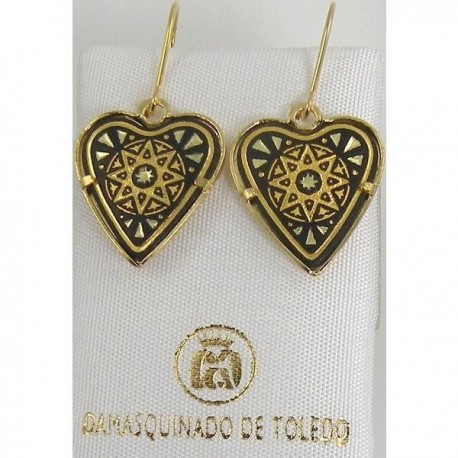 Damascene Gold Drop Earrings Star 14x14mm Heart