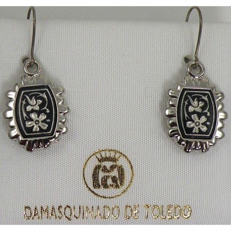 Damascene Silver Flower Rectangle Drop Earrings