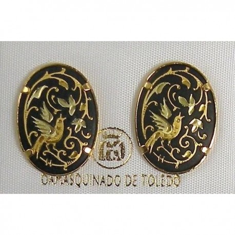 Damascene Gold 20x14mm Oval Bird Stud Earrings