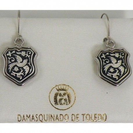 Damascene Silver Bird Shield Drop Earrings