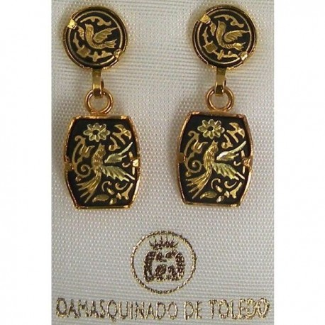 Damascene Gold Bird Rectangle Drop Earrings style 3114