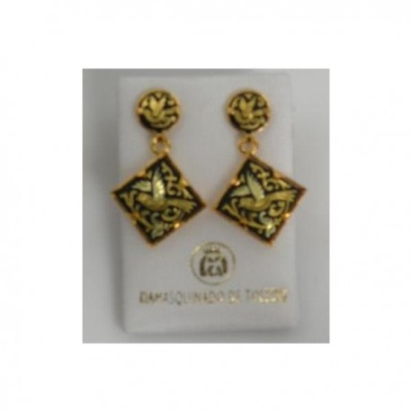 Damascene Gold Drop Earrings Bird Square