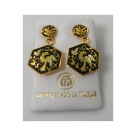 Damascene Gold Drop Earrings Bird Hexagon
