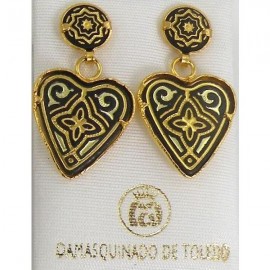 Damascene Gold Drop Earrings Geometric Heart