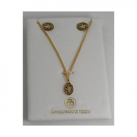 Damascene Gold Oval Bird Earrings Necklace Set
