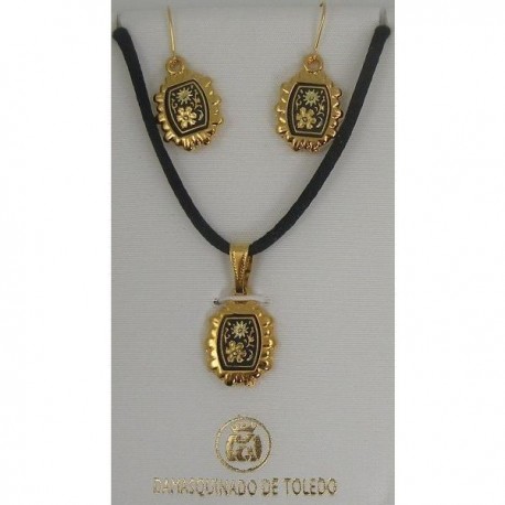Damascene Gold Flower Pendant and Earrings Set