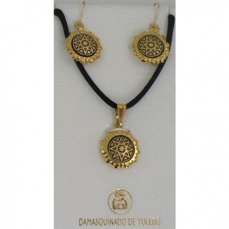Damascene Gold Star Round Pendant and Earrings