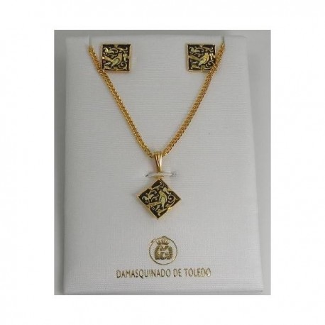 Damascene Gold Square Bird Earrings Necklace Set