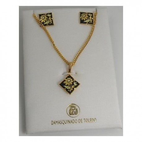 Damascene Gold Square Flower Earrings Necklace Set