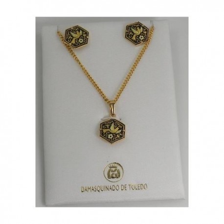 Damascene Gold Hexagon Bird Earrings Necklace Set