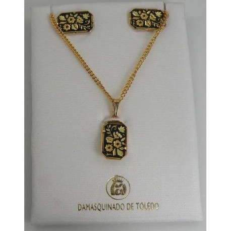 Damascene Gold Rectangle Flower Earrings Necklace Set