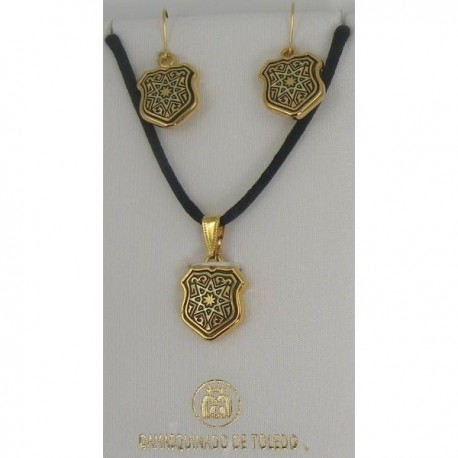 Damascene Gold Star Shield Pendant Necklace and Earrings