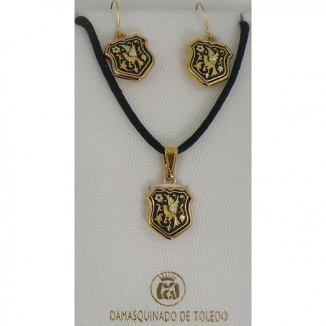 Damascene Gold Bird Shield Pendant and Earrings