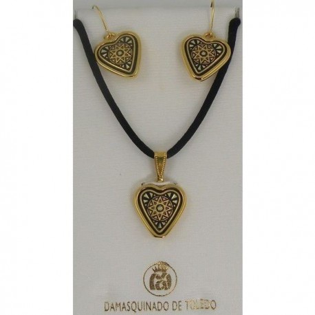 Damascene Gold Star Heart Pendant and Earrings Set