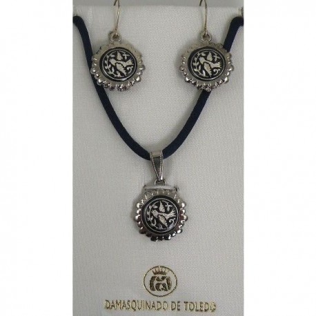 Damascene Silver Bird Round Pendant Earrings Set