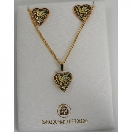 Damascene Gold Heart Bird Earrings Necklace Set