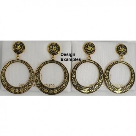 Damascene Gold Bird 33mm Round Drop Earrings