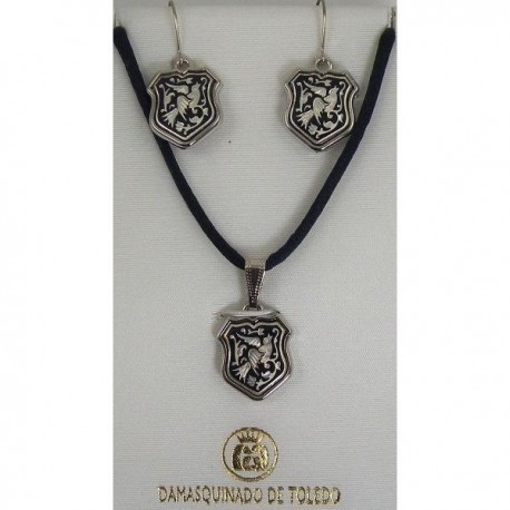  Damascene Silver Bird Shield Pendant and Earrings