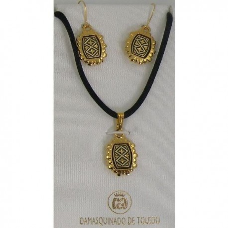 Damascene Gold Geometric Rectangle Pendant and Earrings