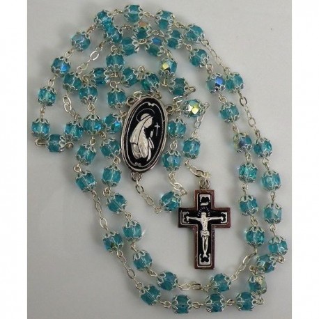 Damascene Silver Jesus Rosary Teal Beads